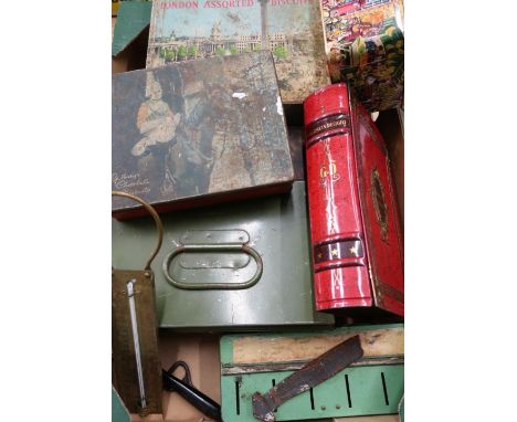 Desktop filling type drawer, vintage cash register, thermometer, various tins including one in the form of a Gourmets Delight