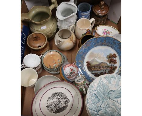 Selection of various early Victorian and later ceramics in one box including transfer pattern print, blue Jasperware, pair of