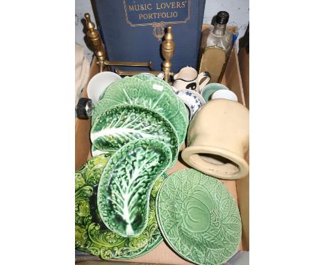 Selection of various cabbage leaf ceramic plates, The Music Lovers portfolio, brass fire dogs etc 