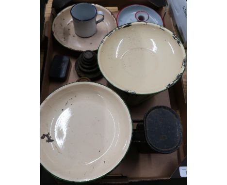 Pair of cast metal and enamel kitchen scales, Salter scales, various enamelware, sets of weights etc 