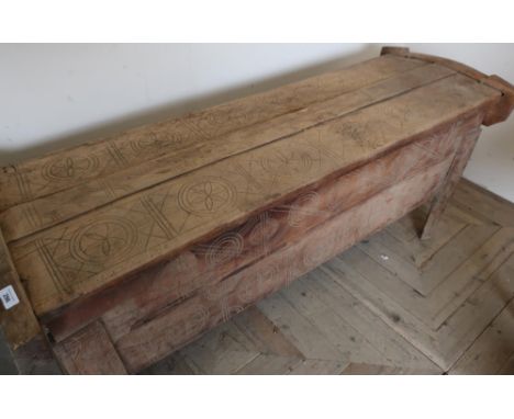 18th/19th C light wood coffer with planked and carved detail and hinged top (154cm x 55cm x 63cm) 