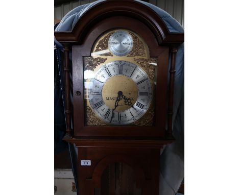 Modern English 'Masterclock' mahogany cased grandmother long case clock, with brass break arch dial with silvered chapter rin
