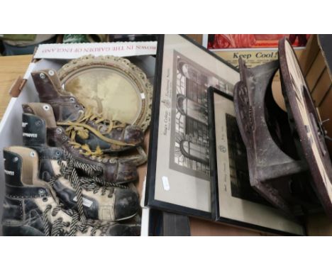 Pairs of vintage ice-skates, framed print, carved wood decorative wall clock, a framed Reading School 1928 photograph and ano