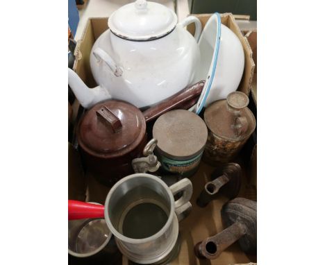 Large enamel kettle, other enamelware, mincer, flat iron etc 
