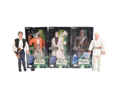Star Wars - Five vintage 1990s Kenner / Hasbro made 12" scale Star Wars action figures - x3 boxed examples: Chewbacca, Obi-Wa