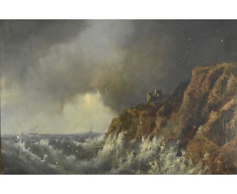 A.W. Sharp (19th Century) Seascape with Ruins, the waves beating against the rocks, with the towers of a ruined castle on the