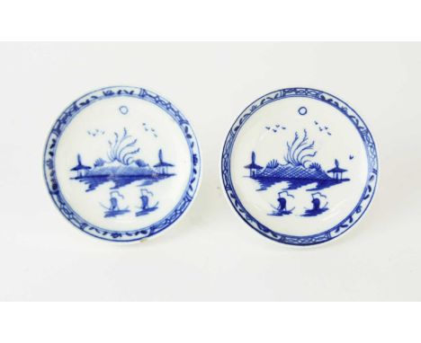 A pair of Caughley toy 'Island' pattern saucers, circa 1785-88, painted in underglaze blue with the pattern featuring two hut