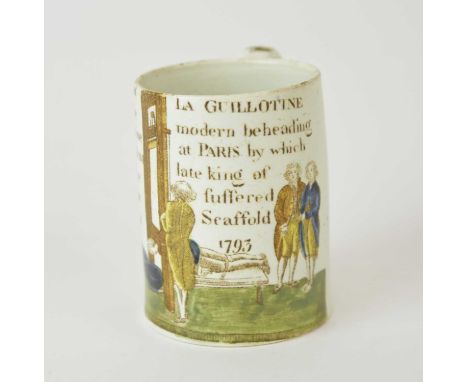 A rare English pearlware mug, Yorkshire or Staffordshire, printed and hand-coloured in pratt colours with a transfer relating