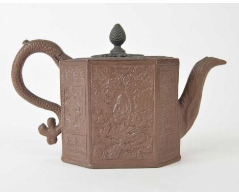 A Staffordshire redware octagonal teapot and replacement metal cover, circa 1750-60, probably Thomas Whieldon (Fenton Vivian)