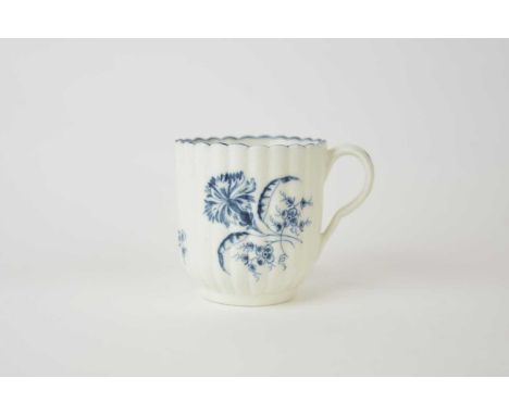 A rare Caughley coffee cup painted with the 'Gillyflower 1' pattern, circa 1775-80, with straight 24-reeded body, associated 