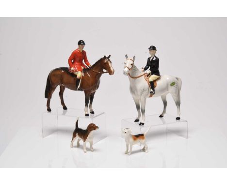A Beswick huntsman in a red jacket on a brown gloss horse, together with a Beswick huntswoman on a grey horse, Border Fine Ar