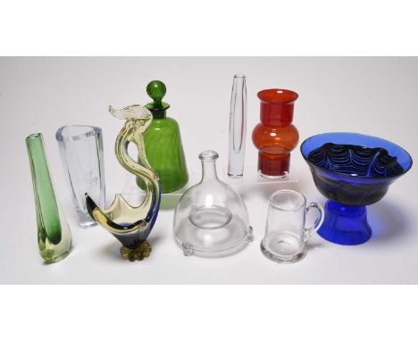 A collection of assorted glassware, to include a wasp or fly trap, 18.5cm high; a blue pedestal bowl, with dark brown and gre