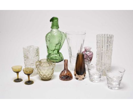 A collection of assorted decorative and studio glass, including a vintage green glass American eagle decanter, 28.5cm high; a