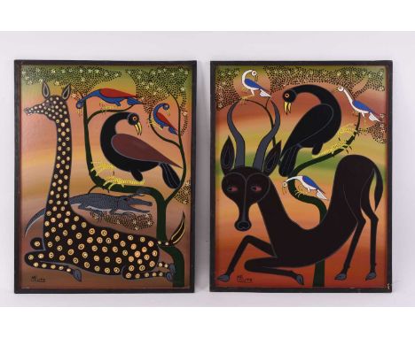 Hashim Mruta Bushier (Tanzanian 1942-1998) Animals lying in the tree shade, a pair, Tingatinga school, acrylic on board with 