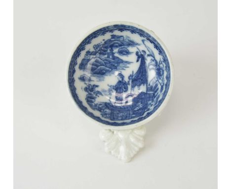 A Caughley 'Fisherman' wine taster or caddy spoon, circa 1785, transfer-printed in underglaze blue, of shallow bowl form with