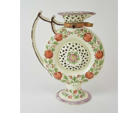 An English pearlware puzzle jug, circa 1800, attributed to Hartley, Greens &amp; Co (Leeds), of circular flask form with pier