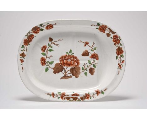 A Spode meat platter, pattern 1952, early 19th century, painted in overglaze enamels with red peony flowers with brown and gr