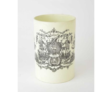 A Wedgwood 'Ancient and Noble Order of the Bucks' creamware tankard, circa 1780, transfer-printed in black with the arms of t