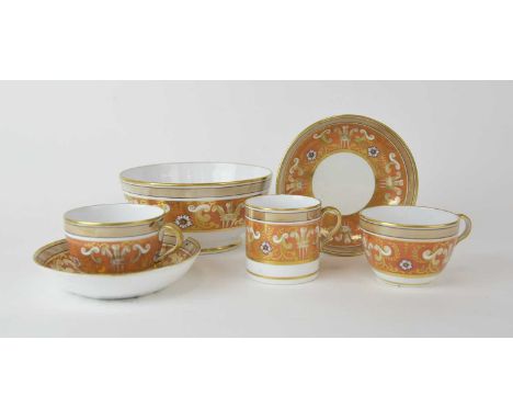 A small rare group of Spode 'Prince of Wales' service tea and coffeewares, circa 1806, pattern 1112, gold on orange/red groun