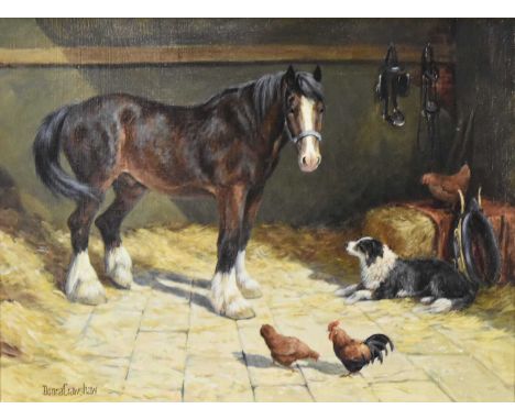 ARR Donna Crawshaw (b.1960) At Ease, showing a Horse in a stable with sheepdog and chickens, signed lower left, acrylic on ca