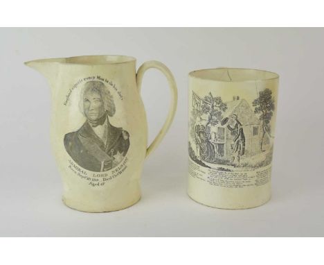 An English creamware Admiral Lord Nelson jug, circa 1805, transfer-printed in black featuring portrait bust with inscription 