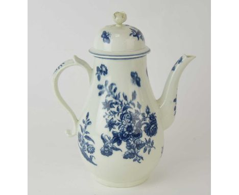 A large Caughley 'Three Flowers' coffee pot and cover, circa 1780-85, transfer-printed in underglaze blue, the cover with flo