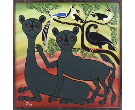 Hashim Mruta Bushier (Tanzanian 1942-1998) Two panthers, Tingatinga school, acrylic on board with wooden frame, signed lower 