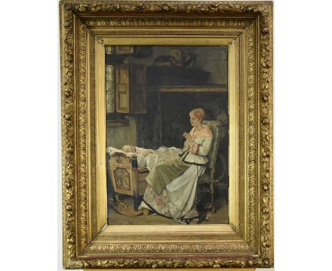 Victor Lagye (Belgian 1825-1896) Mother Rocking her Sleeping Child, the mother is seated, sewing, whilst rocking her sleeping