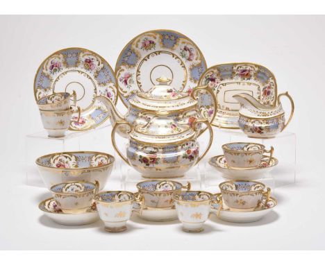 A Ridgway (Cauldon Place) tea and coffee service, circa 1830, of 'Grecian' shape, painted with floral sprays within panels of
