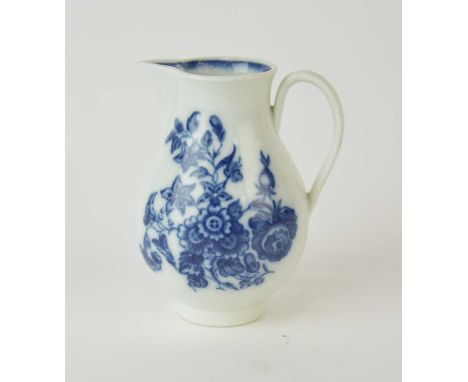 A Caughley 'Three Flowers and Butterfly' sparrow beak milk jug, circa 1785, transfer-printed in underglaze blue, C with serif