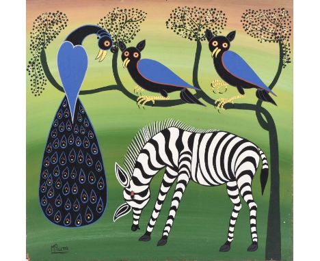 Hashim Mruta Bushier (Tanzanian 1942-1998) Zebra and birds perched in tree, Tingatinga school, acrylic on board, signed lower