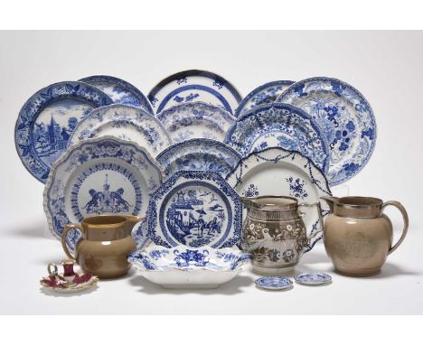 A collection of assorted English blue and white pottery, 19th century, including a pair of Herculaneum 'Greek' plates, unmark