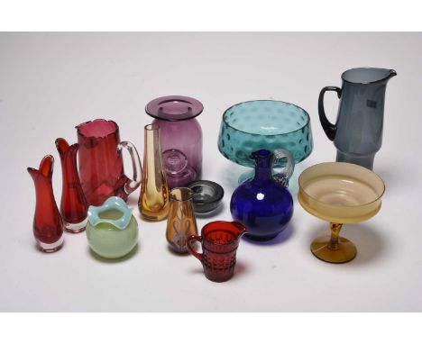 A collection of assorted decorative glass, to include a pair of Whitefriars ruby red beak vases, no. 9556, 20cm high; a White