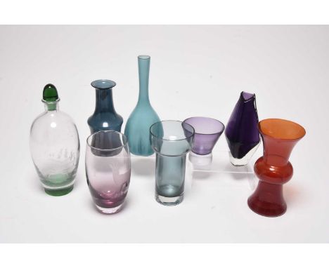 A collection of Scandinavian art and studio glass, comprising an Orrefors green and clear glass decanter acid-etched with pen