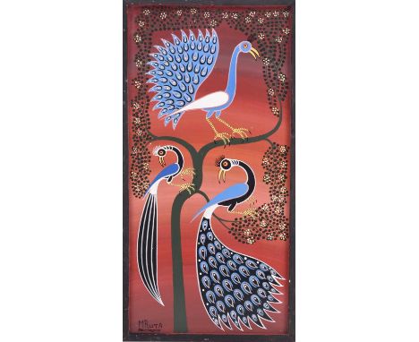 Hashim Mruta Bushier (Tanzanian 1942-1998) Peacocks in a tree, Tingatinga school, acrylic on board, wooden black frame, signe