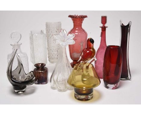 A collection of assorted glass, comprising a brown pressed glass comport with stand, 11cm high; a silver-plated mounted clare