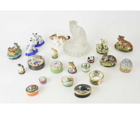 A collection of Halcyon Days enamel bonbonnieres and pillboxes, including twelve with or modelled as cats, one Owl and the Pu