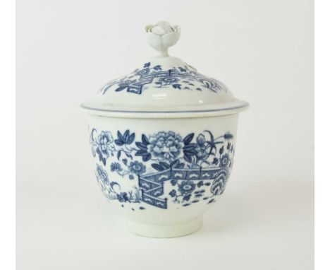 A Caughley 'Fence' sucrier and cover, circa 1785, transfer-printed in underglaze blue, the cover with floral finial, C with s