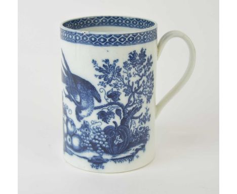 A large Caughley 'Parrot Pecking Fruit' cylindrical tankard, circa 1779-89, transfer-printed in underglaze blue with the main