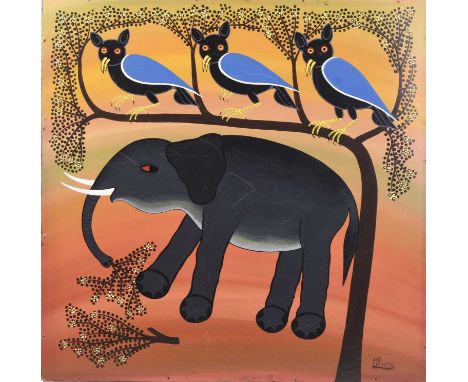 Hashim Mruta Bushier (Tanzanian 1942-1998) Elephant and birds perched in tree, Tingatinga school, acrylic on board, signed lo