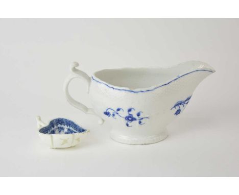 A Caughley 'Fisherman' leaf-shaped butter boat, circa 1780-85, Sx mark, 6.5cm long overall, sold together with a John Rose Co