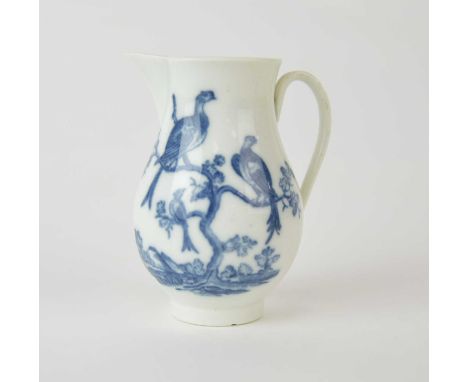 A Caughley 'Birds in Branches' sparrow beak cream jug, circa 1780-85, transfer-printed in underglaze blue, C with serif mark,