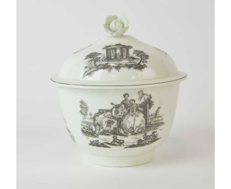 A Worcester L'Amour sucrier, circa 1765-70, transfer-printed in black after Robert Hancock, with a matched 'Classical Ruins' 