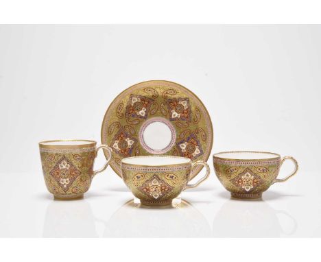 A Coalport 'Cashmere' or 'Kashmir' group of two teacups, a coffee cup and one saucer, circa 1891-1919, with rich gilt decorat