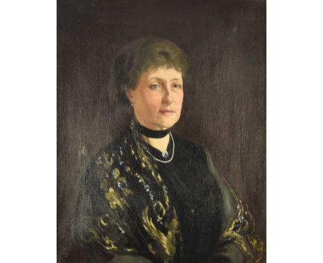 Caroline Hall (19th-20th Century) Portrait of a Lady, head and shoulders, wearing a black dress and embroidered shawl, pearl 