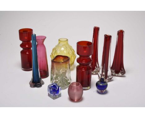 A collection of assorted decorative and studio glass, including a pair of Alstefors hooped vases by Per Strom, 21cm high; a s