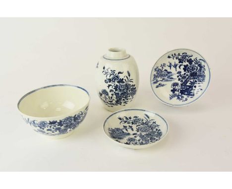 A group of Worcester 'Fence' pattern, 18th century, transfer-printed in underglaze blue, comprising a tea canister, lacking c