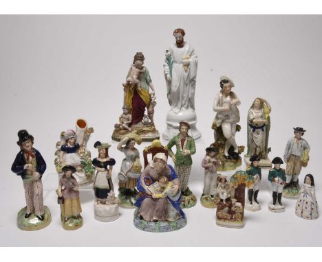 A mixed collection of Staffordshire figures, including a pearlware group of 'St Anne' or 'The Prudent Mother', circa 1830, 18