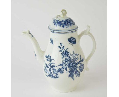 A Caughley 'Three Flowers 2' coffee pot with a matched Worcester cover, circa 1780-90, transfer-printed in underglaze blue, t