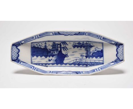 A rare Caughley 'Weir' pattern radish dish, circa 1785-95, of punt form, painted in underglaze blue with the Weir pattern, wi